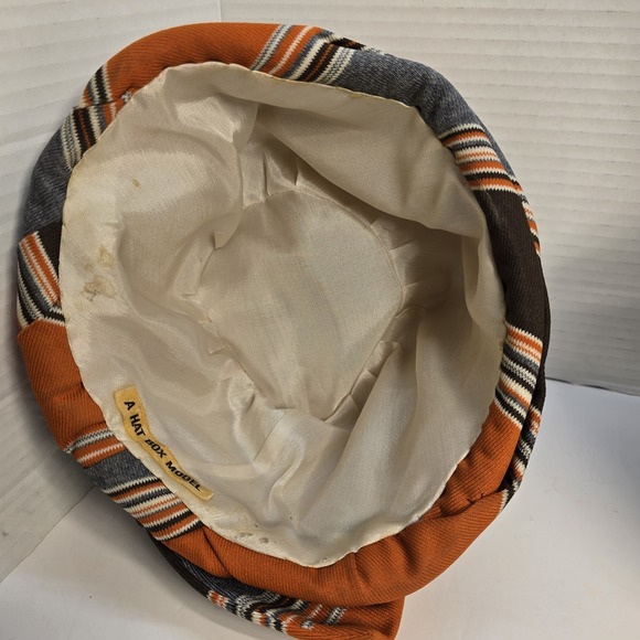 Vintage A Hat Box Model Turban Hat Orange Brown Grey Striped Knotted Mid Century main image 6